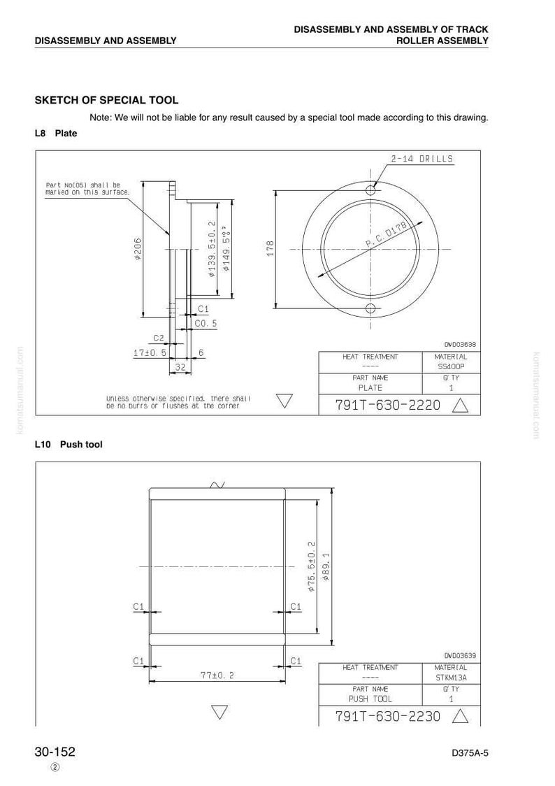 Pu&ograve; includere: Disegno tecnico di un gruppo rullo cingolato, con diagrammi dettagliati di una piastra e di un utensile di spinta. Le dimensioni sono espresse in millimetri, tra cui una piastra con diametro di 178 mm e un utensile di spinta con altezza di 89,1 mm.