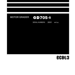 K&ouml;nnte beinhalten: Ein Werkstatthandbuch mit dem Titel "Shop Manual". Das Handbuch ist f&uuml;r einen Motorgrader, Modell GD705-5. Die Seriennummern beginnen bei 26001 und aufw&auml;rts. Das Komatsu-Logo befindet sich unten.