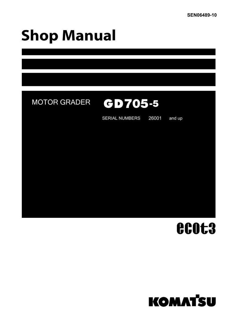 K&ouml;nnte beinhalten: Ein Werkstatthandbuch mit dem Titel "Shop Manual". Das Handbuch ist f&uuml;r einen Motorgrader, Modell GD705-5. Die Seriennummern beginnen bei 26001 und aufw&auml;rts. Das Komatsu-Logo befindet sich unten.