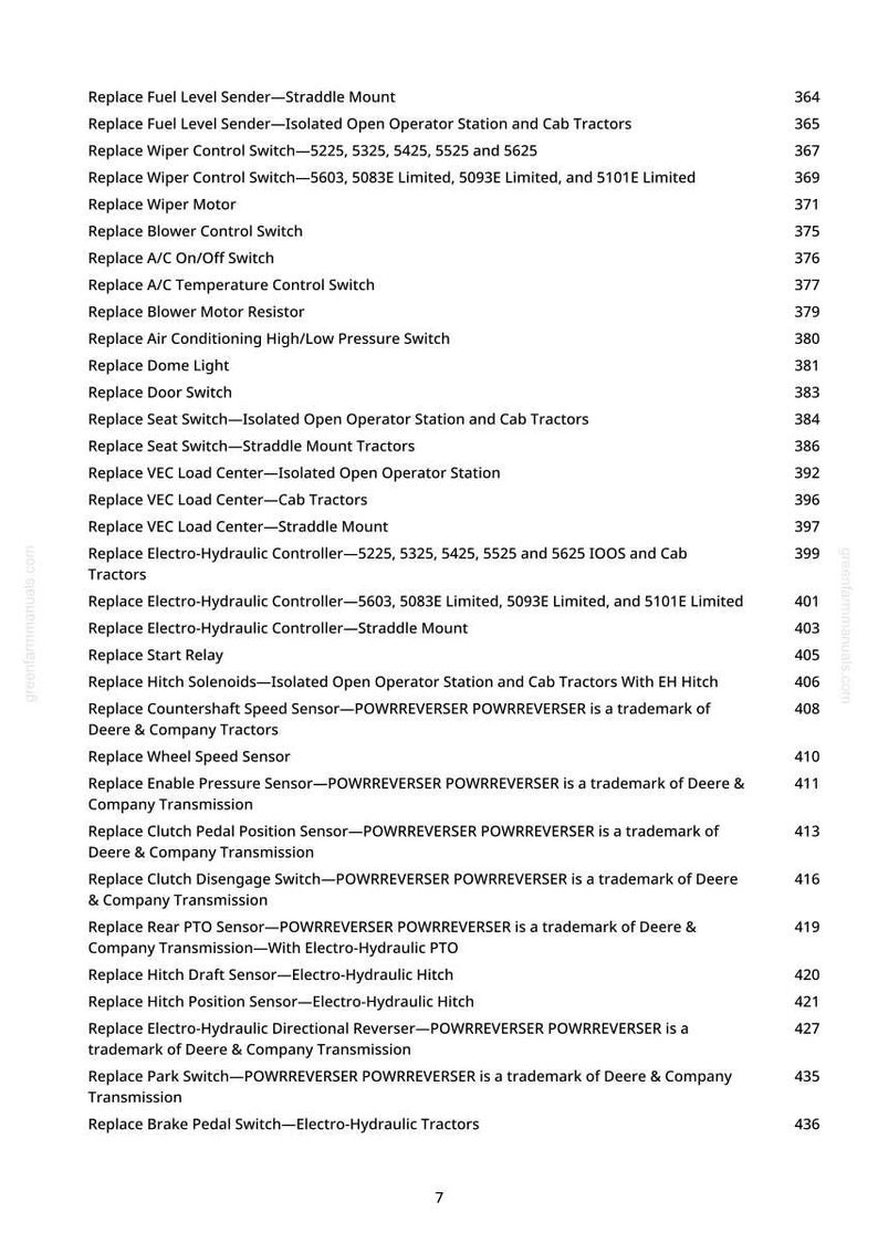 Pode incluir: Uma p&aacute;gina impressa com uma lista de pe&ccedil;as de trator, incluindo interruptores, sensores e rel&eacute;s. O texto inclui nomes de pe&ccedil;as e n&uacute;meros associados. O documento &eacute; um guia de refer&ecirc;ncia para manuten&ccedil;&atilde;o e reparo de tratores.