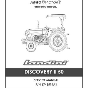 May include: A service manual for the Landini Discovery II 50 tractor. The cover features a detailed line drawing of the tractor, the Argo Tractors logo, and the text "Quality Work. Quality Life."