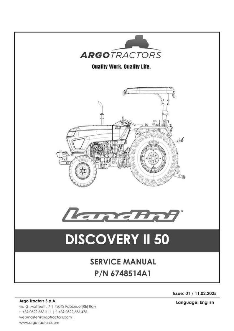 May include: A service manual for the Landini Discovery II 50 tractor. The cover features a detailed line drawing of the tractor, the Argo Tractors logo, and the text "Quality Work. Quality Life."