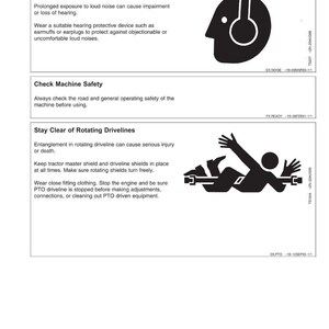 May include: Safety instructions page with illustrations and text. Includes warnings about noise, machine safety, and rotating drivelines. Features a graphic of a person wearing headphones, a person, and a machine.
