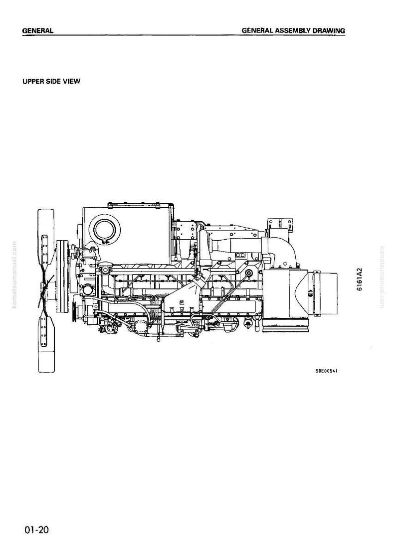 Pode incluir: Desenho t&eacute;cnico a preto e branco de uma montagem de motor, vista superior. A imagem inclui etiquetas e n&uacute;meros, com o texto 'GENERAL ASSEMBLY DRAWING'. O motor apresenta uma ventoinha, uma caixa retangular e v&aacute;rios tubos.