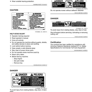 May include: A page of safety labels with text, including "DANGER" and "CAUTION" warnings. The labels provide instructions on mower operation, injury prevention, and certification details. The text is in both English and Spanish.
