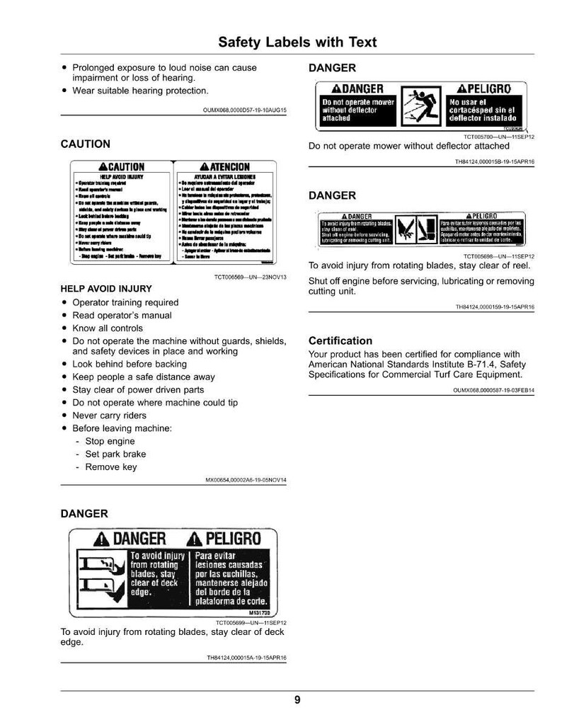May include: A page of safety labels with text, including "DANGER" and "CAUTION" warnings. The labels provide instructions on mower operation, injury prevention, and certification details. The text is in both English and Spanish.