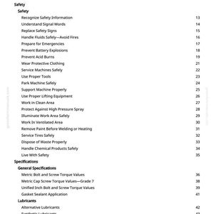 May include: A detailed table of contents from a manual, with a white background and black text. The headings include "Safety", "Specifications", and "Lubricants". Page numbers are listed on the right side. The text is clear and easy to read.