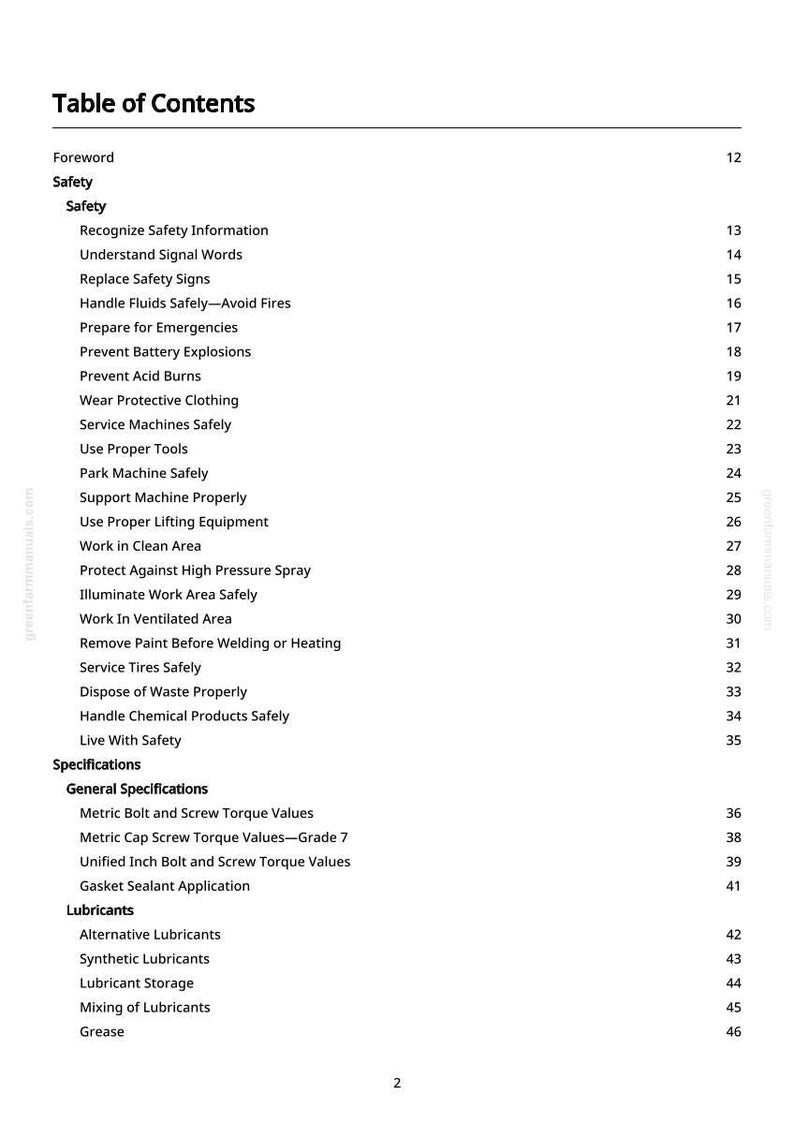 May include: A detailed table of contents from a manual, with a white background and black text. The headings include "Safety", "Specifications", and "Lubricants". Page numbers are listed on the right side. The text is clear and easy to read.