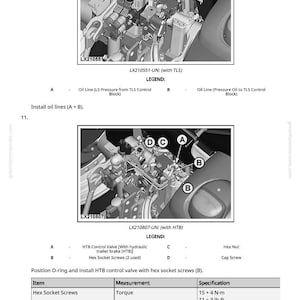 Pode incluir: Diagrama de componentes de m&aacute;quinas com etiquetas A, B, C e D. Inclui texto: LX210551-UN, LX210807-UN, e especifica&ccedil;&otilde;es para parafusos sextavados, com medi&ccedil;&otilde;es de torque de 15 + 4 N-m e 11 + 3 lb-ft.