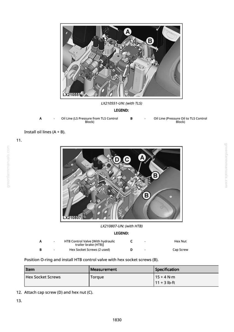 Pode incluir: Diagrama de componentes de m&aacute;quinas com etiquetas A, B, C e D. Inclui texto: LX210551-UN, LX210807-UN, e especifica&ccedil;&otilde;es para parafusos sextavados, com medi&ccedil;&otilde;es de torque de 15 + 4 N-m e 11 + 3 lb-ft.
