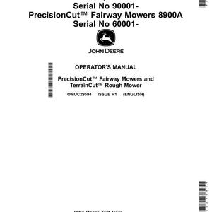 May include: A white document with black text, featuring the John Deere logo and product information. The text includes "PrecisionCut Fairway Mowers" and "Operator's Manual." The document also lists model numbers and serial numbers.