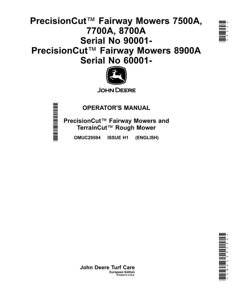 May include: A white document with black text, featuring the John Deere logo and product information. The text includes "PrecisionCut Fairway Mowers" and "Operator's Manual." The document also lists model numbers and serial numbers.