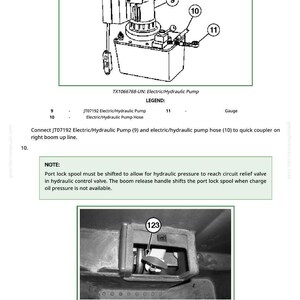 May include: Technical diagram showing an electric/hydraulic pump with labels for the pump, hose, and gauge. The text "TX1066768-UN: Electric/Hydraulic Pump" is at the top. A second diagram shows a boom release handle.