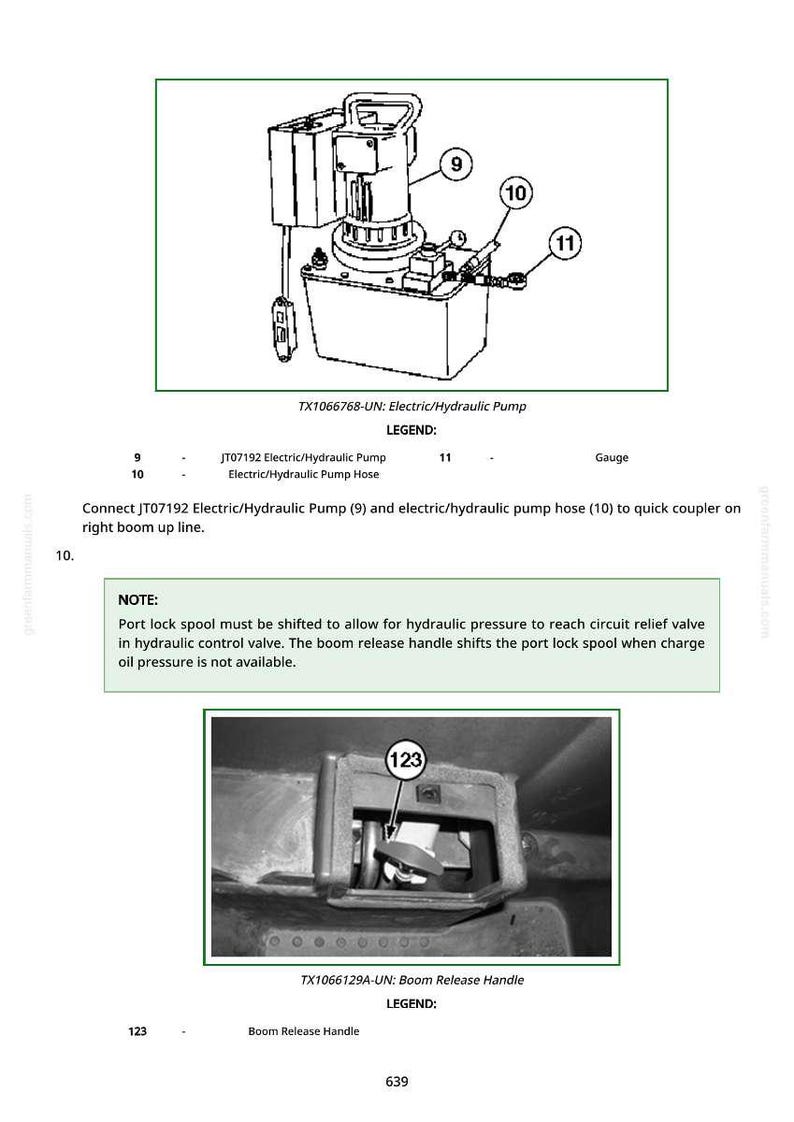 May include: Technical diagram showing an electric/hydraulic pump with labels for the pump, hose, and gauge. The text "TX1066768-UN: Electric/Hydraulic Pump" is at the top. A second diagram shows a boom release handle.