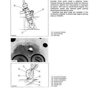 May include: Diagram of an engine body with labeled components, including the combustion chamber, injection nozzle, and glow plug. The diagram illustrates the Kubota TVCS (Three Vortex Combustion System).