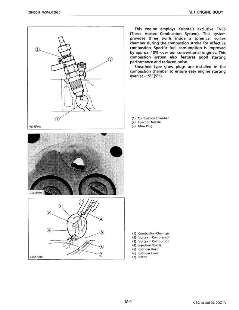 May include: Diagram of an engine body with labeled components, including the combustion chamber, injection nozzle, and glow plug. The diagram illustrates the Kubota TVCS (Three Vortex Combustion System).