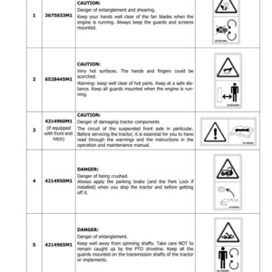 May include: A page from a manual with safety warnings and symbols. The warnings include dangers of entanglement, hot surfaces, damaging components, being crushed, and entanglement. Symbols accompany each warning.