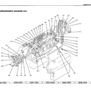 May include: A detailed engineering diagram titled "Connector Arrangement Diagram (2/2)". The diagram is a black and white illustration of an engine, with numerous labeled components and connecting lines. The diagram is for troubleshooting.