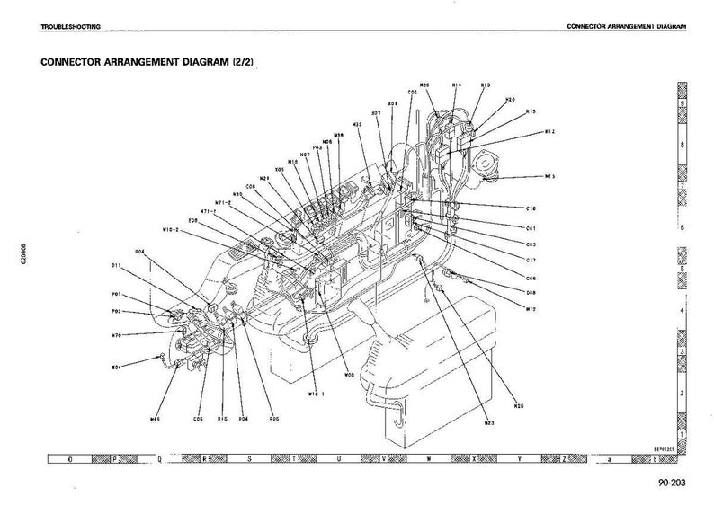 May include: A detailed engineering diagram titled "Connector Arrangement Diagram (2/2)". The diagram is a black and white illustration of an engine, with numerous labeled components and connecting lines. The diagram is for troubleshooting.