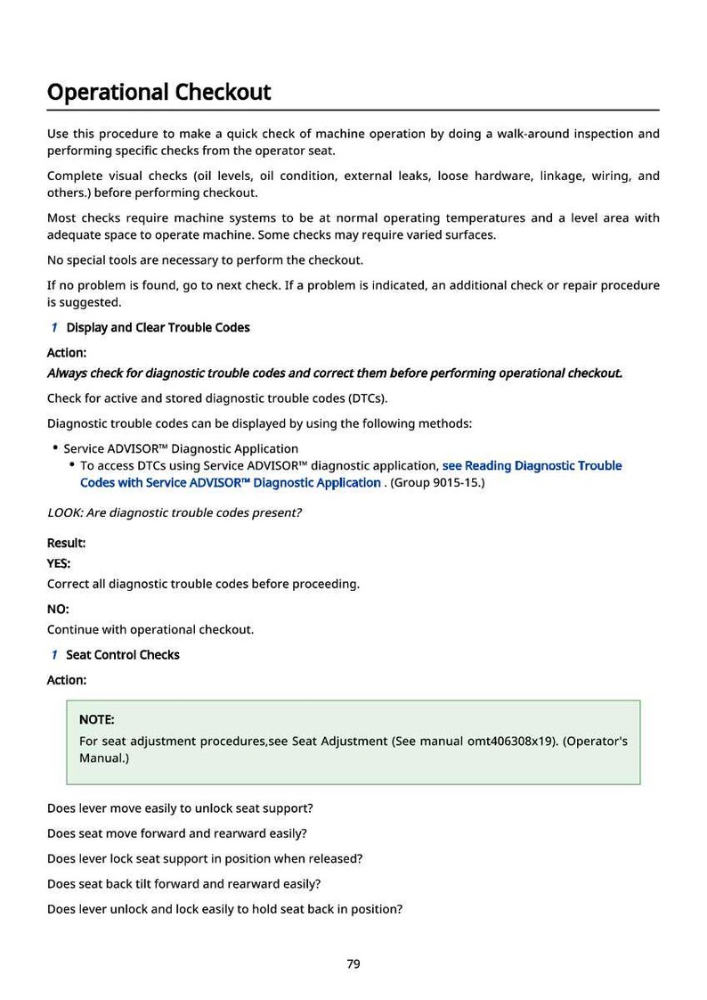 May include: A page from an operational checkout manual, featuring text instructions and procedures. The document includes sections on display and clearing trouble codes, and seat control checks. The text is black on a white background.