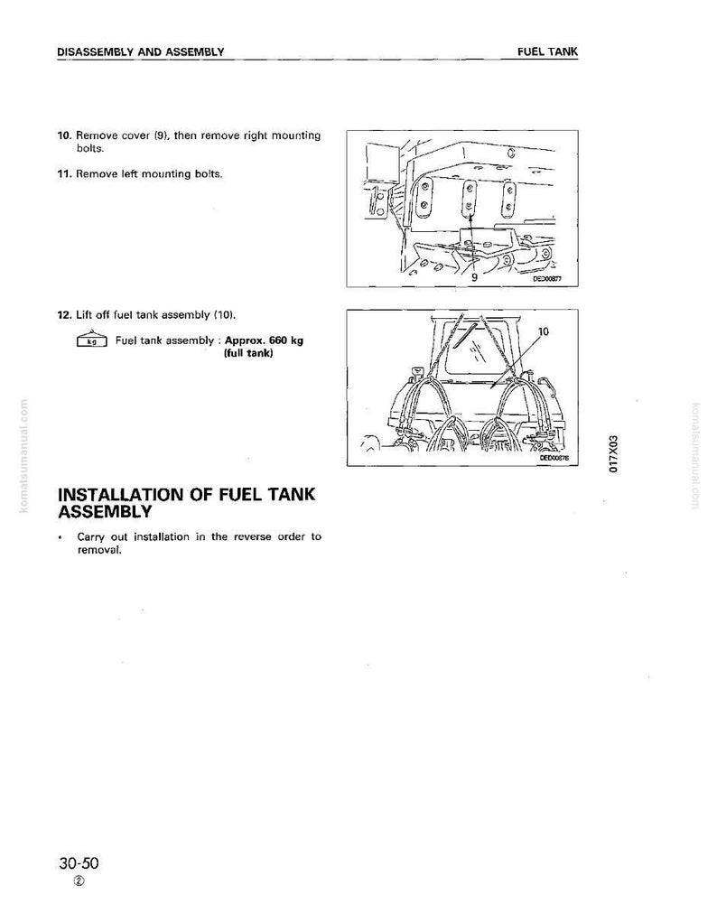 Pu&ograve; includere: Schema delle istruzioni di smontaggio e montaggio del serbatoio del carburante. L'immagine include illustrazioni della rimozione del coperchio, dei bulloni di montaggio e del sollevamento del gruppo serbatoio del carburante. Il testo indica che il gruppo serbatoio del carburante pesa circa 660 kg.