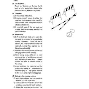 May include: Black and white illustration of safety equipment, including two traffic barriers, two striped poles, and a circular measuring device. Text details performance test procedures.