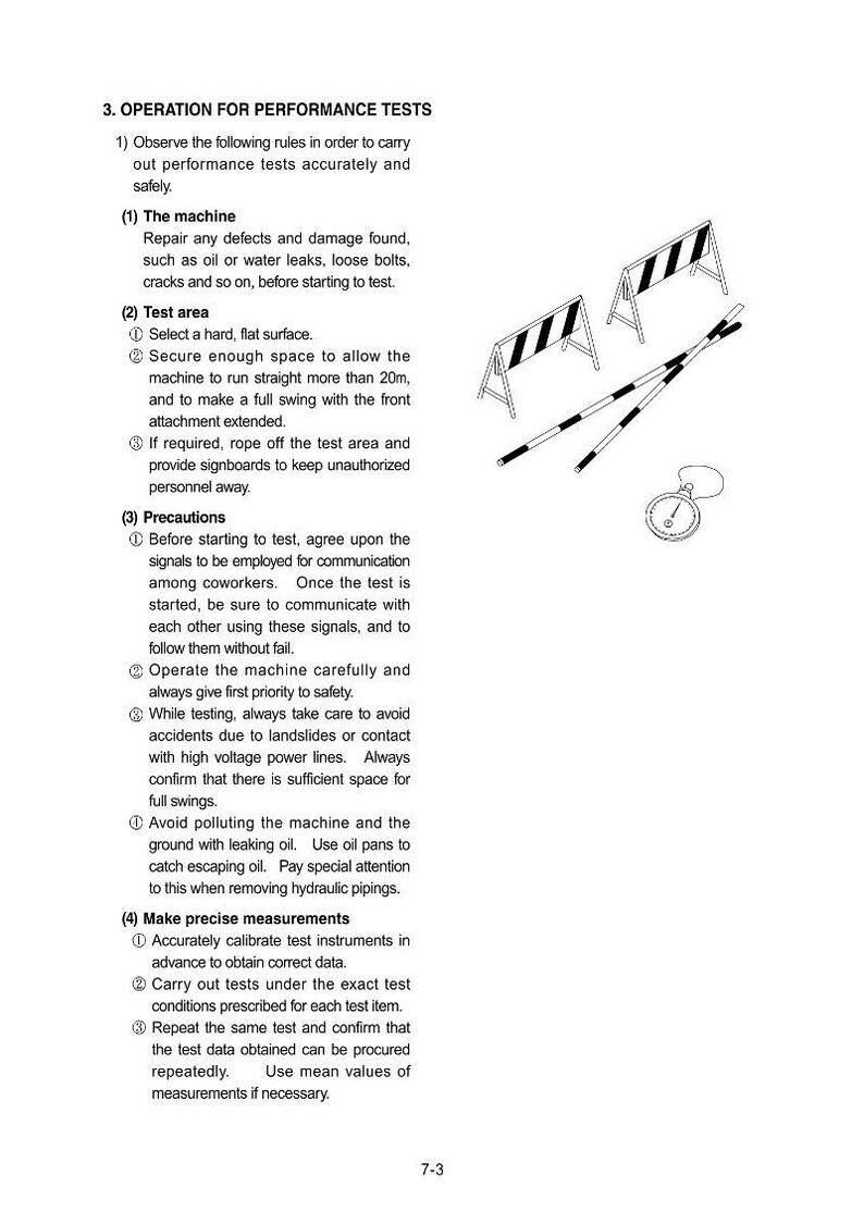 May include: Black and white illustration of safety equipment, including two traffic barriers, two striped poles, and a circular measuring device. Text details performance test procedures.
