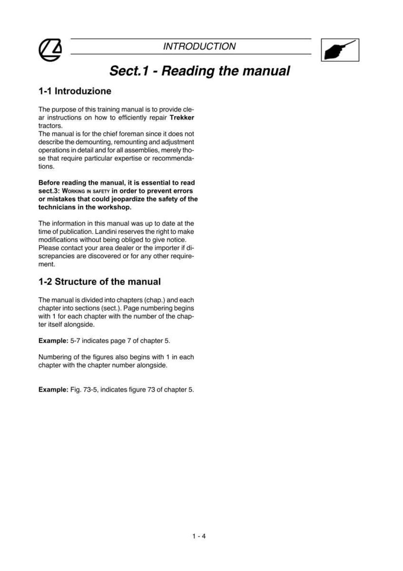 May include: A page from a manual with the title "Introduction" and "Sect.1 - Reading the manual." The text explains the manual's purpose, structure, and provides examples of page numbering. The manual is for Trekker tractors.