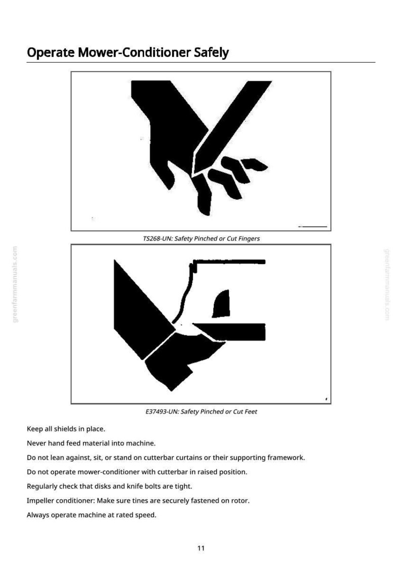 May include: A safety manual page with black and white illustrations and text. The top illustration shows a hand being cut by a blade, labeled "Safety Pinched or Cut Fingers." The bottom illustration shows a foot being cut, labeled "Safety Pinched or Cut Feet."