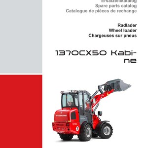 May include: A red and gray Weidemann wheel loader, model 1370CX50, is featured on a catalog cover. The image includes the Weidemann logo and text in German, English, and French. The wheel loader has a bucket and is labeled with the number 20.