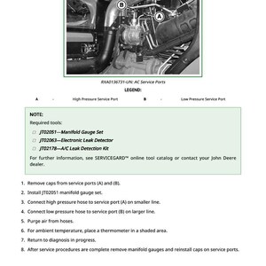 May include: Diagram titled "Install Test Equipment 90A-1" with an image of an AC service port. The text includes instructions for testing equipment, required tools, and service procedures. The image also includes the text "RXA0136731-UN: AC Service Ports."