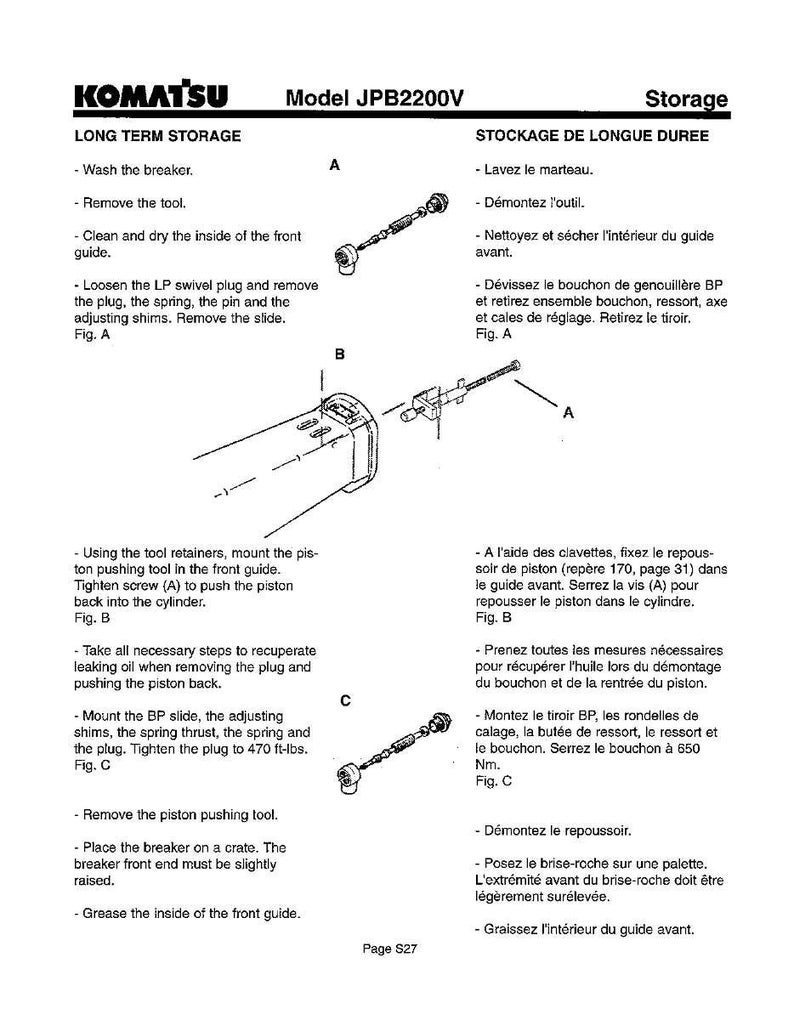 Op de afbeelding: Een technische tekening van Komatsu, model JPB2200V, met details over langdurige opslagprocedures. De afbeelding bevat gelabelde diagrammen van mechanische componenten, met tekstinstructies in het Nederlands en metingen in Nm.