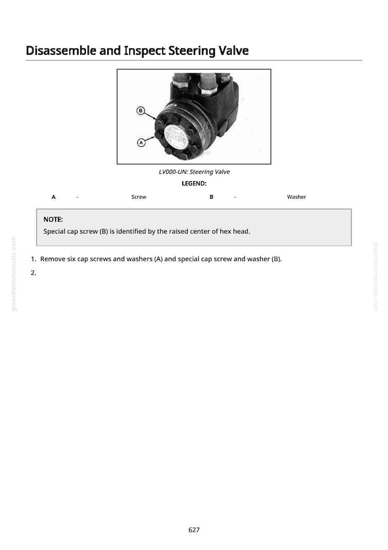 Puede incluir: Diagrama que ilustra el desmontaje e inspecci&oacute;n de una v&aacute;lvula de direcci&oacute;n. La imagen muestra una vista detallada de la v&aacute;lvula con etiquetas para tornillos y arandelas. El texto incluye una nota sobre un tornillo de cabeza especial e instrucciones de extracci&oacute;n.