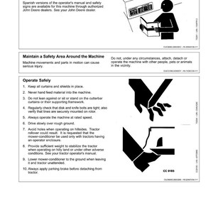 May include: A safety manual page with text and illustrations. The page includes instructions on operating machinery safely, with warnings about potential hazards. The illustrations depict safety procedures and precautions. The text includes the title "Safety" and instructions.