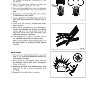 May include: A page of safety instructions with illustrations. The text warns against operating machinery under the influence, wearing loose clothing, and using improvised tools. It also advises on fire prevention and battery safety.
