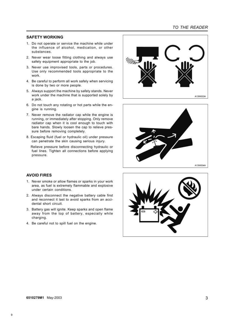 May include: A page of safety instructions with illustrations. The text warns against operating machinery under the influence, wearing loose clothing, and using improvised tools. It also advises on fire prevention and battery safety.
