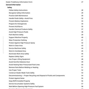 May include: A page from a manual titled "Table of Contents" with a list of safety topics. The text is black on a white background. Topics include safety instructions, maintenance, and handling fluids.