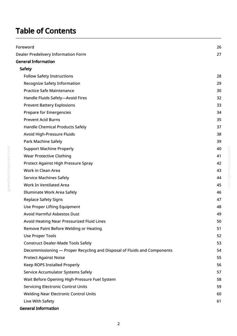 May include: A page from a manual titled "Table of Contents" with a list of safety topics. The text is black on a white background. Topics include safety instructions, maintenance, and handling fluids.