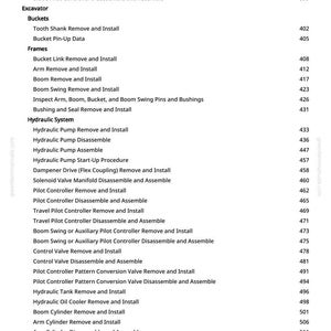 Pode incluir: Uma p&aacute;gina de manual com uma lista de procedimentos de manuten&ccedil;&atilde;o para escavadeiras e sistemas hidr&aacute;ulicos. O texto inclui procedimentos como "Remover e instalar o cilindro da l&acirc;mina" e "Remover e instalar a bomba hidr&aacute;ulica".