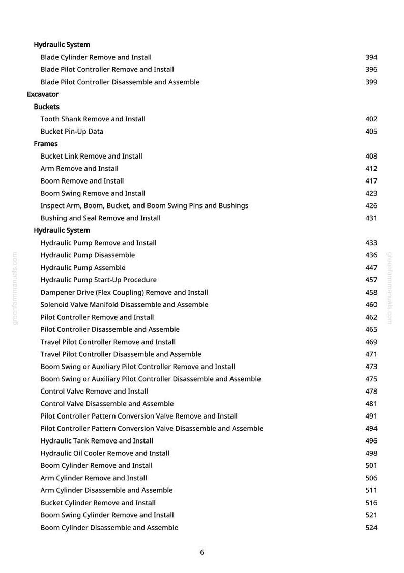 Pode incluir: Uma p&aacute;gina de manual com uma lista de procedimentos de manuten&ccedil;&atilde;o para escavadeiras e sistemas hidr&aacute;ulicos. O texto inclui procedimentos como "Remover e instalar o cilindro da l&acirc;mina" e "Remover e instalar a bomba hidr&aacute;ulica".