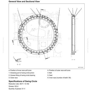 May include: Technical diagram illustrating the structure of a swing circle, with general and sectional views. The image highlights key components like the outer race, grease fittings, and inner race. Text provides specifications and the function of the swing circle.