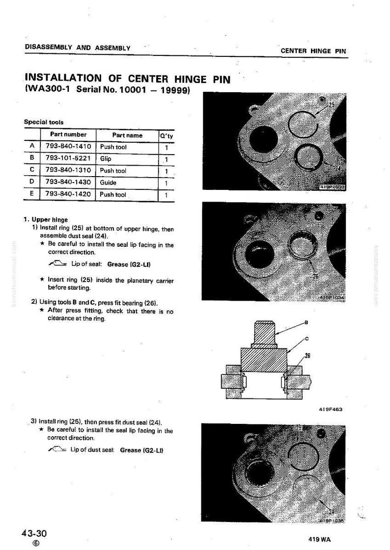 May include: Technical diagram for the installation of a center hinge pin, including part numbers and assembly instructions. The diagram features detailed illustrations and text, with labels for various components and tools.