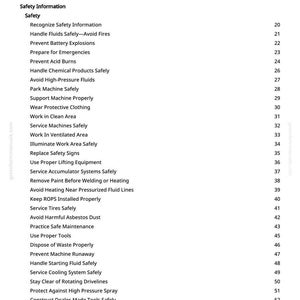 May include: A white page from a manual, titled "Table of Contents". The text lists safety topics, including "Handle Fluids Safely", "Prevent Battery Explosions", and "Avoid High-Pressure Fluids". Page numbers are on the right.