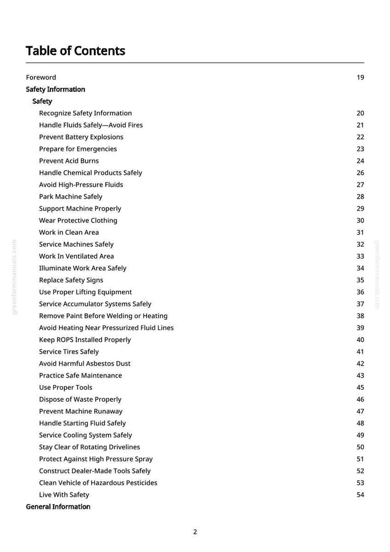 May include: A white page from a manual, titled "Table of Contents". The text lists safety topics, including "Handle Fluids Safely", "Prevent Battery Explosions", and "Avoid High-Pressure Fluids". Page numbers are on the right.