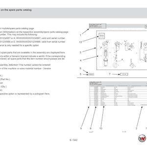 May include: A detailed page from a spare parts catalog, featuring diagrams and a parts list. The document includes sections on assembly numbers, material descriptions, and quantity units. The Wacker Neuson logo is visible at the bottom.