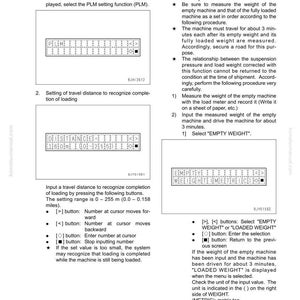 May include: A page from a manual with instructions for testing and adjusting machinery. The text includes steps for setting travel distance and correcting load weight, with diagrams and button instructions. The setting range is 0-255 meters.
