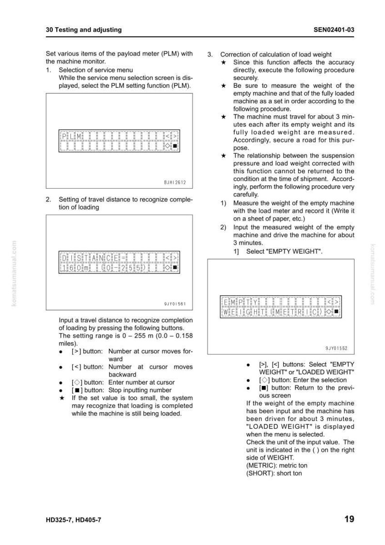 May include: A page from a manual with instructions for testing and adjusting machinery. The text includes steps for setting travel distance and correcting load weight, with diagrams and button instructions. The setting range is 0-255 meters.