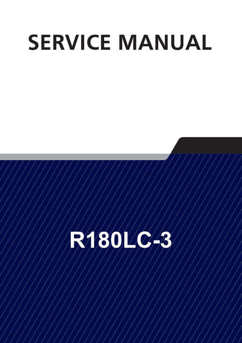 May include: A service manual cover with the text "SERVICE MANUAL" in bold, black letters at the top. The bottom section is navy blue with white diagonal lines and the text "R180LC-3" in white.