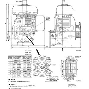 Peut inclure: Sch&eacute;ma technique d'un moteur, avec des dessins dimensionnels d&eacute;taill&eacute;s en millim&egrave;tres. Comprend des vues lat&eacute;rales et sup&eacute;rieures, avec des annotations pour divers composants et mesures. Le sch&eacute;ma comprend &eacute;galement un composant circulaire avec plusieurs trous.
