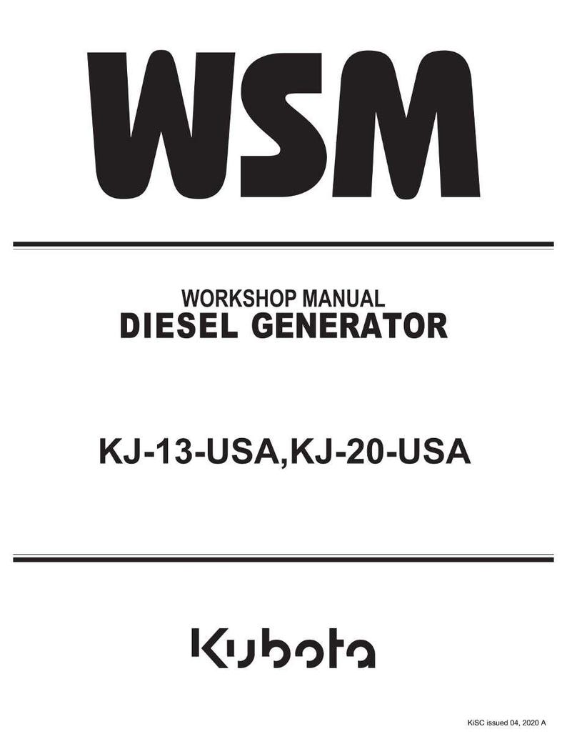 Może przedstawiać: Na białym tle czarny tekst: u g&oacute;ry "WSM". Poniżej tekst "WORKSHOP MANUAL DIESEL GENERATOR". Obecny jest r&oacute;wnież tekst "KJ-13-USA, KJ-20-USA". Logo Kubota znajduje się na dole.